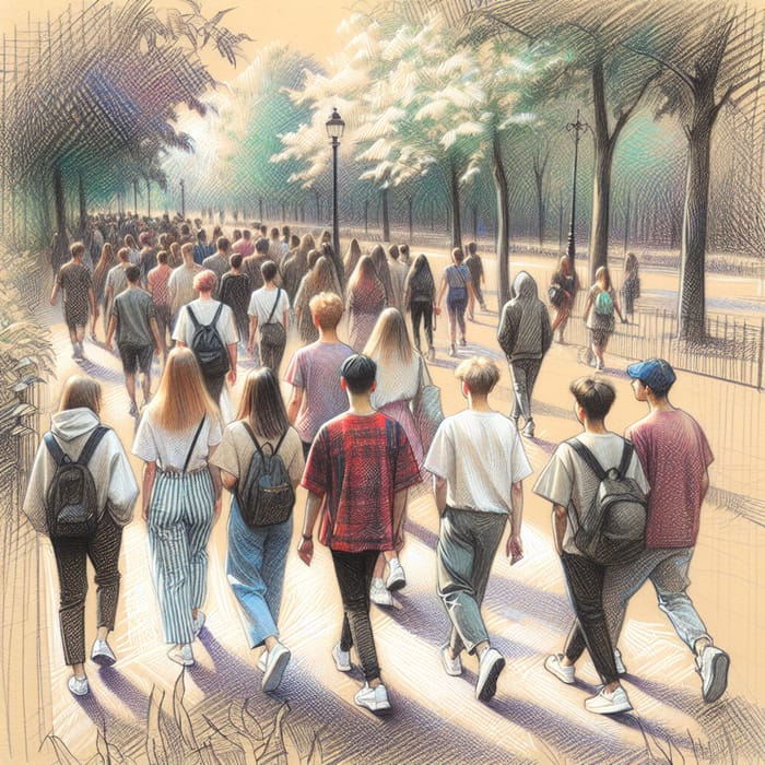 Diverse Group Enjoying Stroll in Vibrant Park Sketch