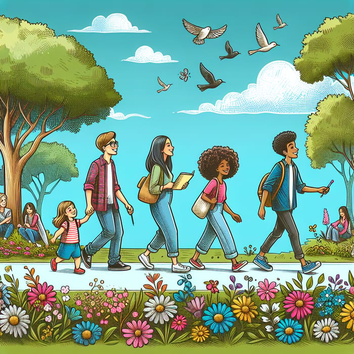 Diverse Young Group Enjoying a Walk in a Vibrant Park - Cartoon Image