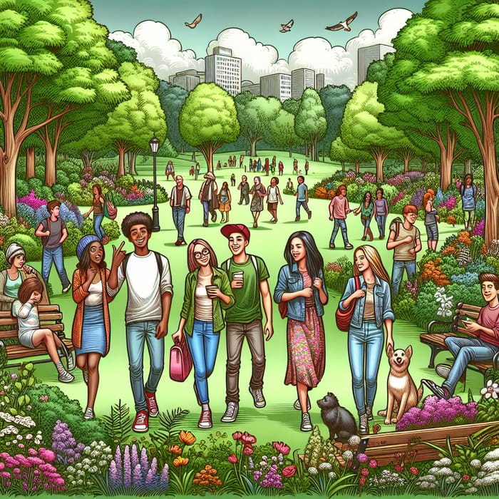 Vibrant Park Scene with Diverse Young Individuals | Joyful Cartoon