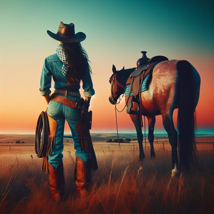 South Asian Cowgirl and Her Horse at Sunset
