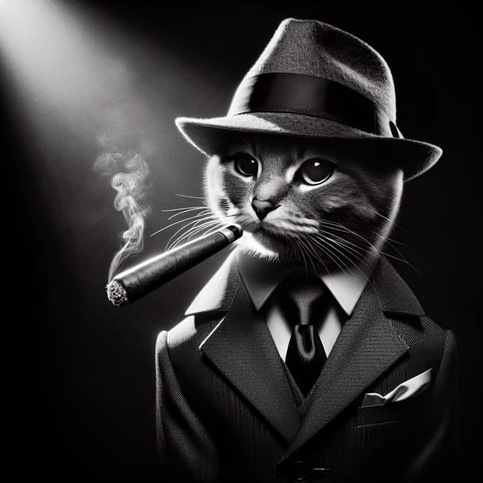Suave Feline Noir: Vintage Crime Cat in Dapper Suit & Shadows
