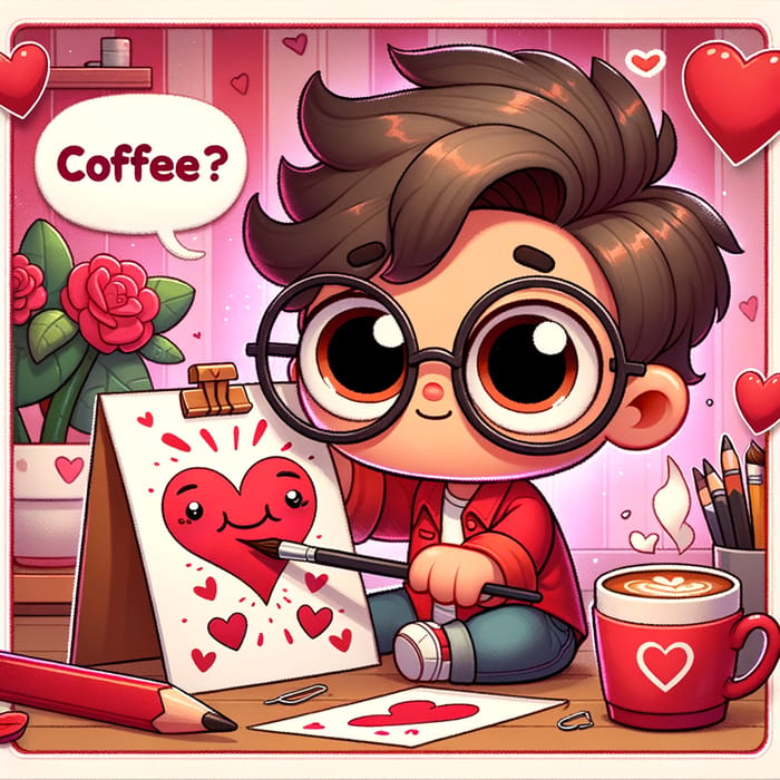 Cute Boy with Glasses Crafting Valentine's Card - Coffee Invitation