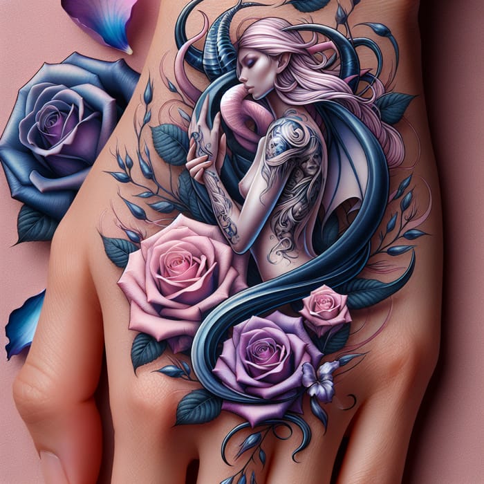 Elegant Female Demon Tattoo: Rebirth & Roses