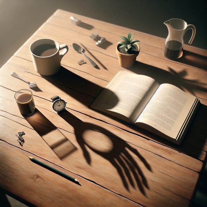 Intriguing Table Setting with Pencil, Book, Coffee, and Mysterious Shadows