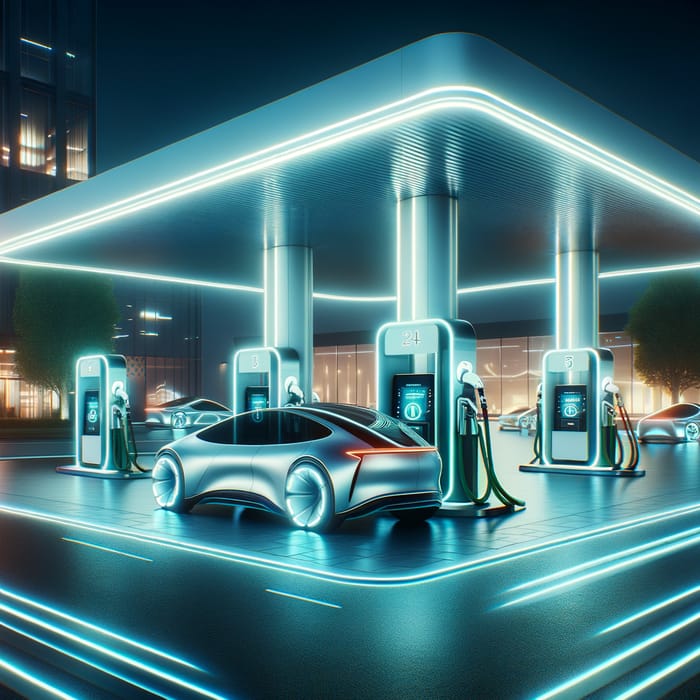 Futuristic Gas Station with Electric Vehicle Charging Hub