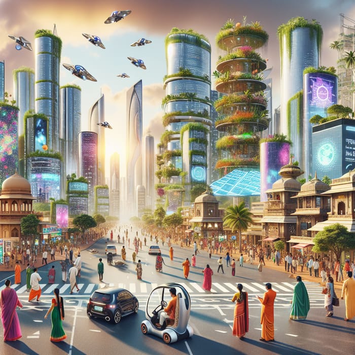 India 2050: Futuristic Vision with Skyscrapers, Solar Panels, and Flying Cars