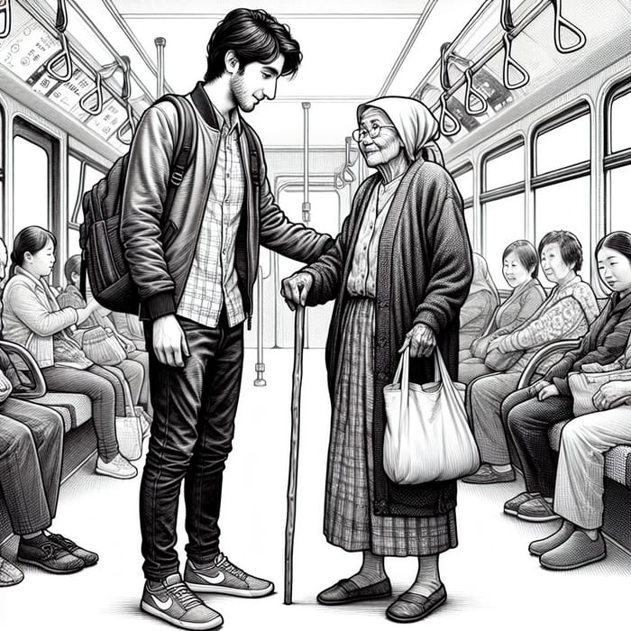 Kind Gesture: Man Offering Seat to Elderly Lady on Bus