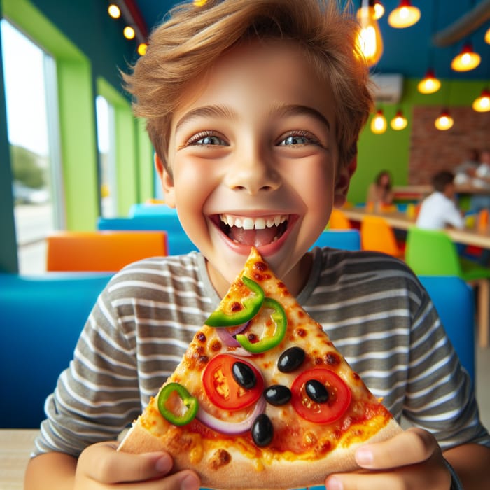 Joyful Boy Eating Delicious Pizza