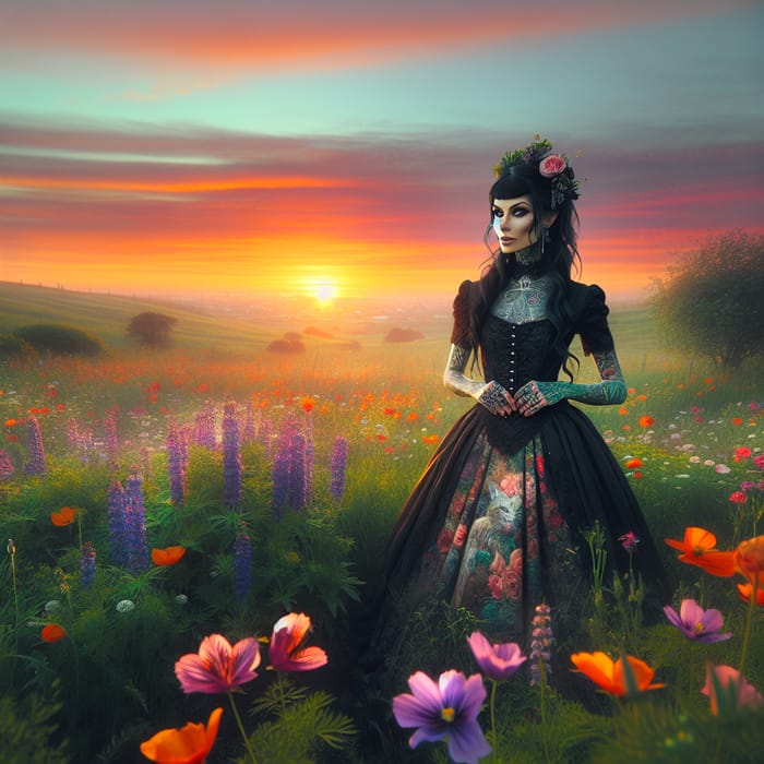 Beautiful Sunset with Gothic-Clad woman and Floral Landscape