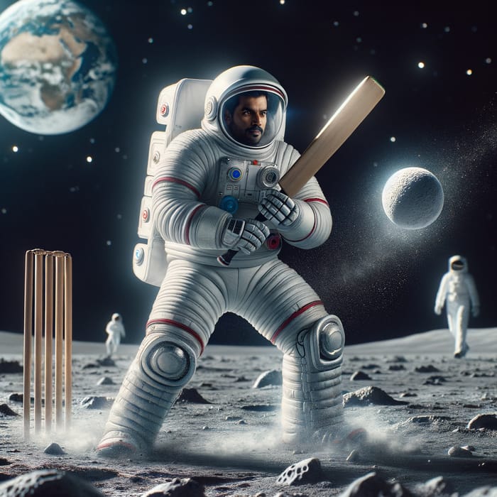 Cricket on Moon: Spectacular Scene of South Asian Astronaut Playing Cricket