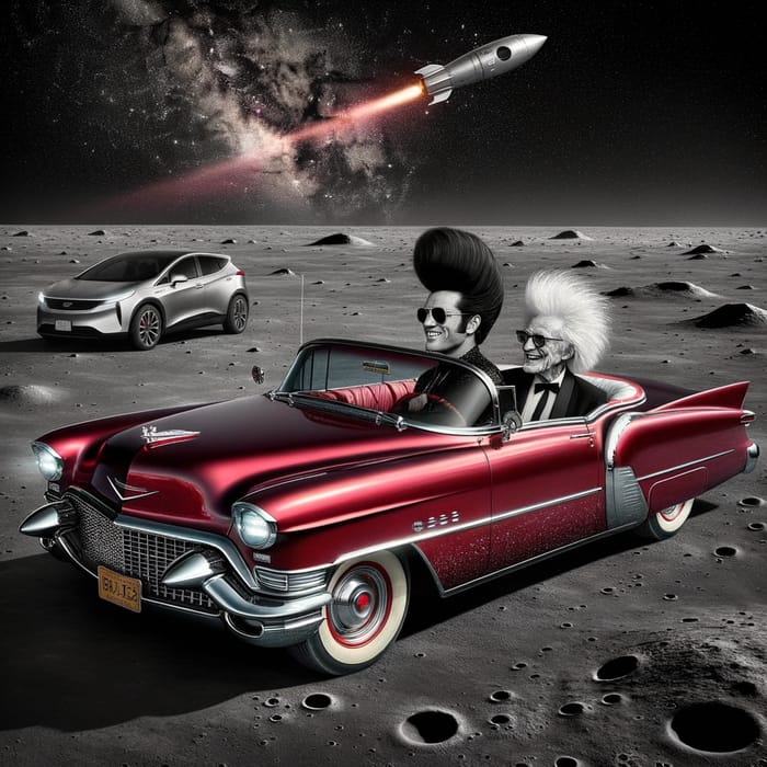 Elvis & Einstein in 1950 Cadillac on Moon South Pole