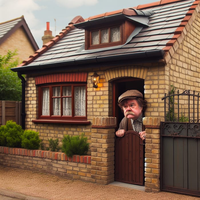 Charming Brick House with Man at Window and Gate Nearby