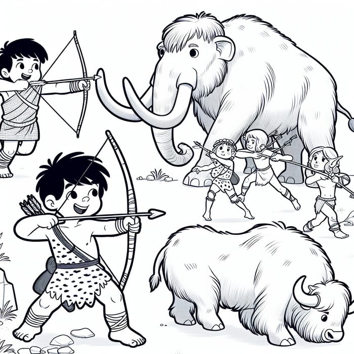 Prehistoric Kids Coloring Page: Mammoth, Bison, and Hunter Sketch