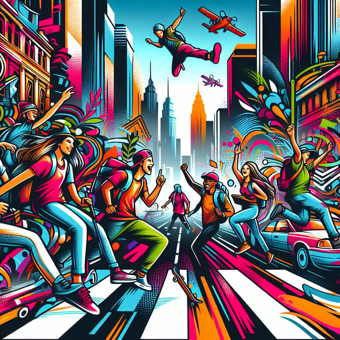 Epic Adventure with Energetic Travelers in Vibrant Graffiti Style Streets