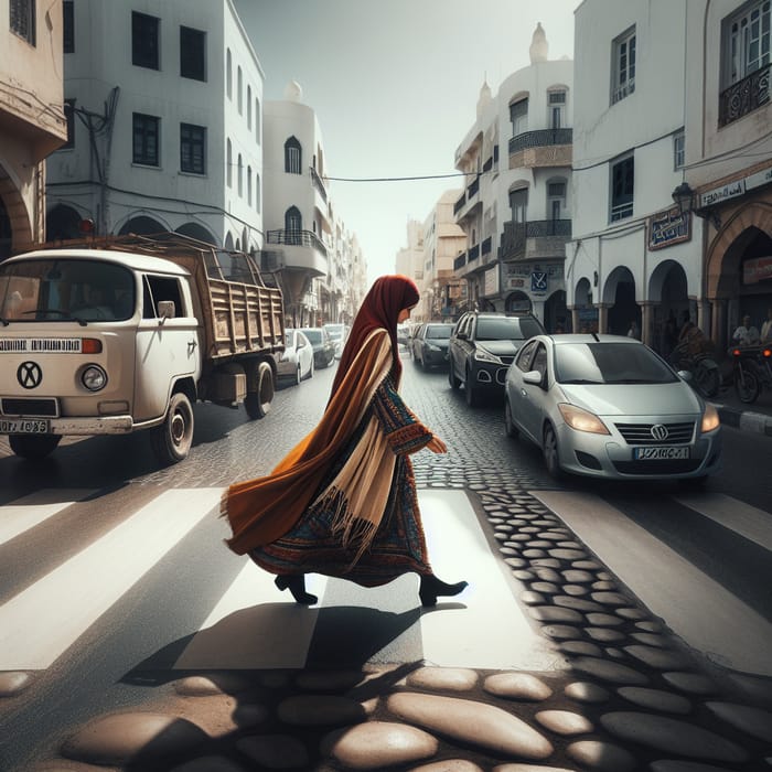 Tunisian Woman Crossing Urban Street | Vibrant Cultural Scene