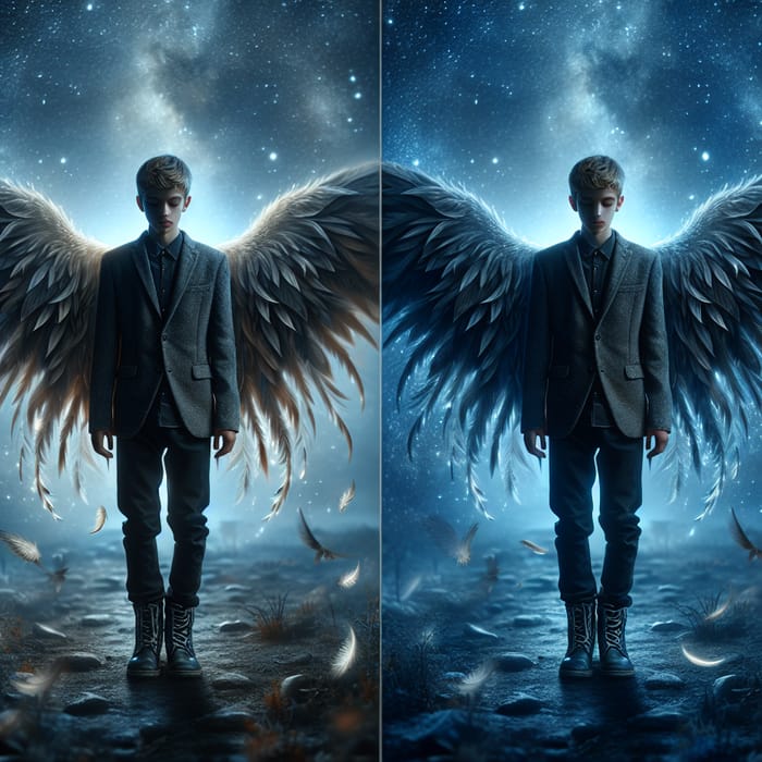 Teenage Boy with Clothes of Imaginary Wings Under Night Sky