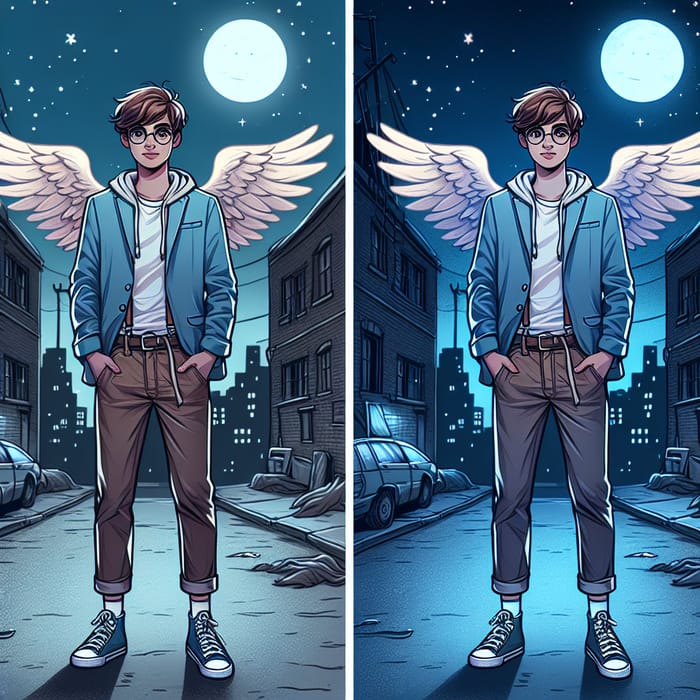 Two Identical Images of Teenage Boy with Imaginary Wings at Night