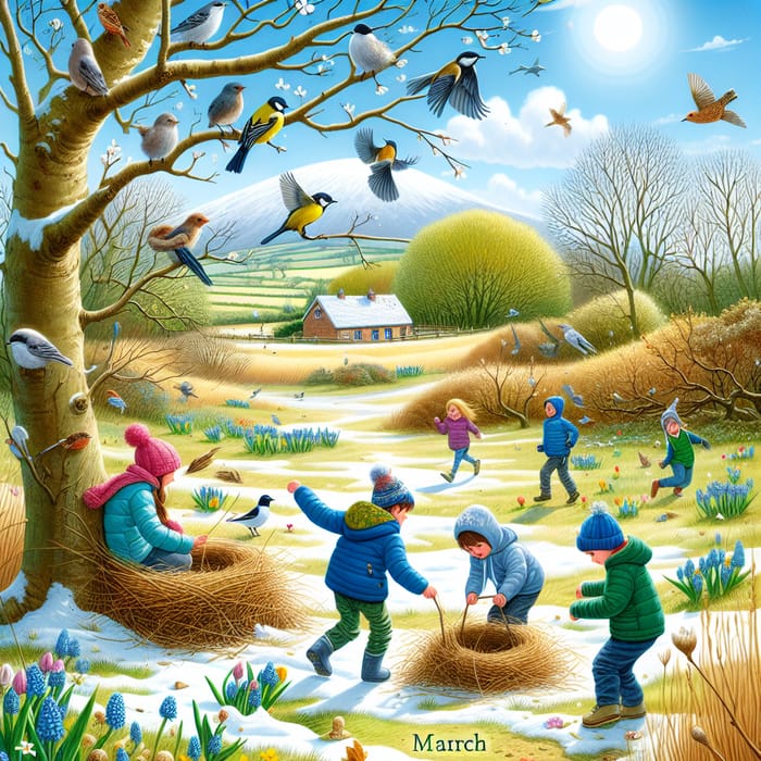 March: Outdoor Scene with Sunny Days, Birds, Kids Playing