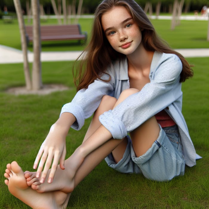 Freckled Teenage Girl Sitting on Grass Playfully Kicking Bare Feet