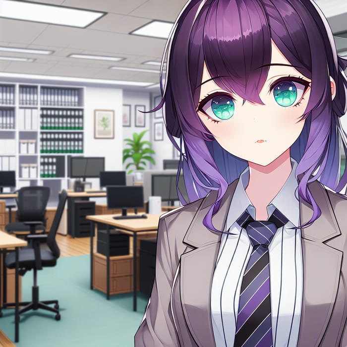 Anime Girl: Purple Hair, Green Eyes in Office Uniform