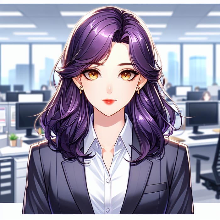 Anime Style Girl with Purple Hair in Office Setting