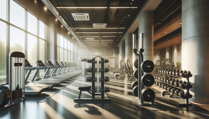 Sunlit Gym Interior with Cardio Machines and Weight Rack
