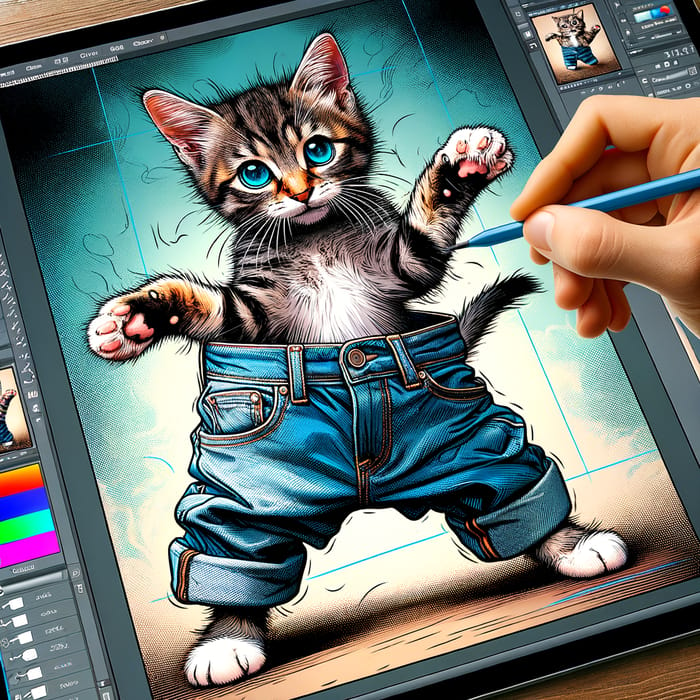 Playful Cat in True Religion Denim Jeans | Vibrant Whimsical Comic-Inspired Art