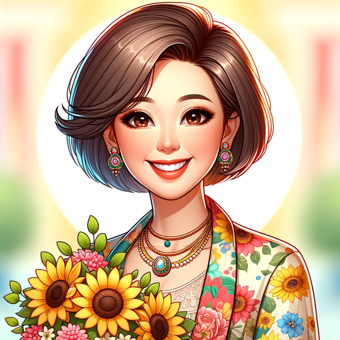 Uplifting Cartoon Art of Smiling Asian Woman with Sunflowers