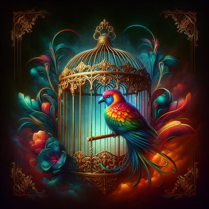 Colorful Exotic Bird in Vintage Birdcage | Dreamlike Fantasy Art