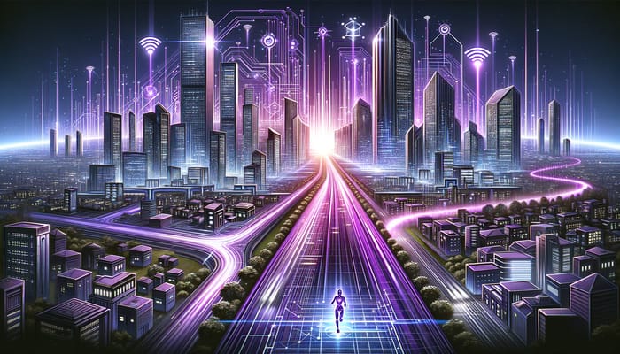 Futuristic WiFi Cityscape: Purple Light Beams & Innovation