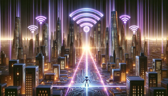 Futuristic Wifi Tech in Glowing City - High-Speed Data Connectivity
