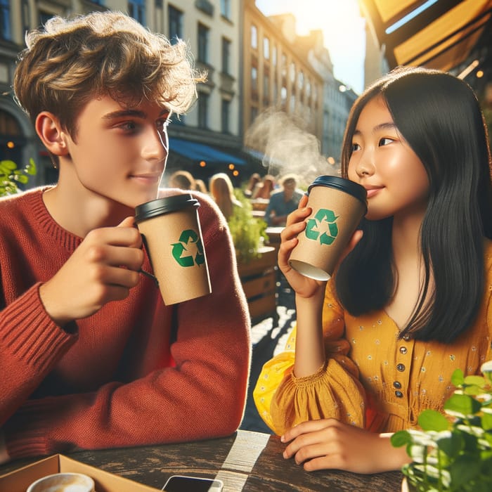 Urban Café Scene: Boy and Girl Savoring Coffee Outdoors