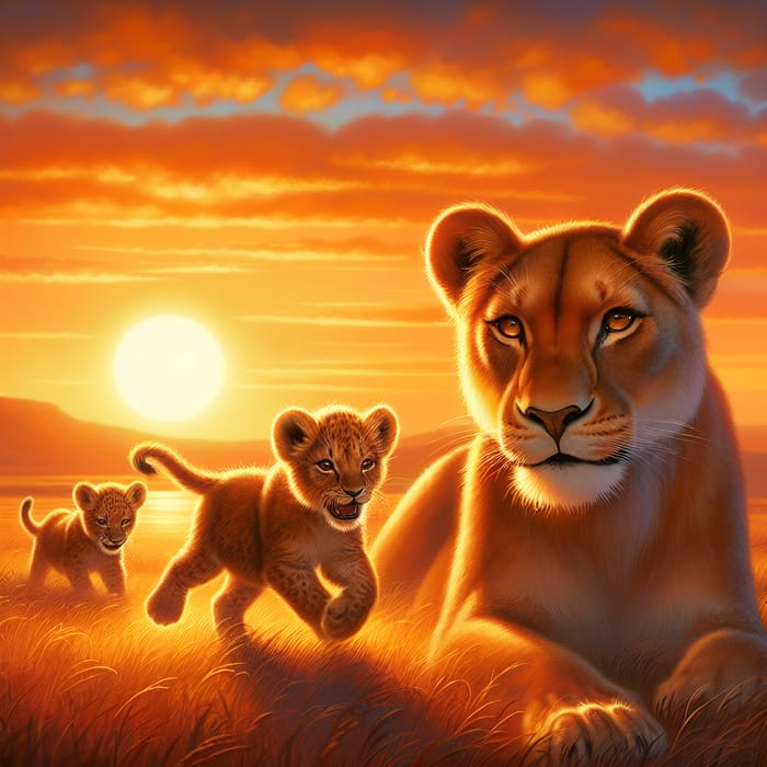 Serenity of Sunset: Lioness and Cubs in Serene Savannah
