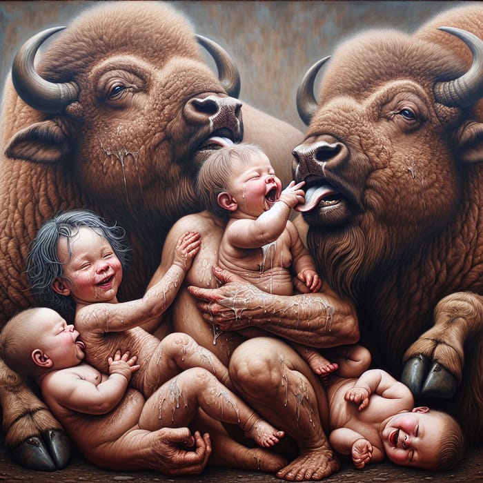 Heartwarming Oil Painting of Twins Raised by Bison