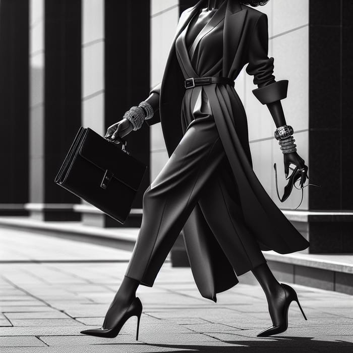 Confident Black Business Woman Striding in Monochrome Elegance