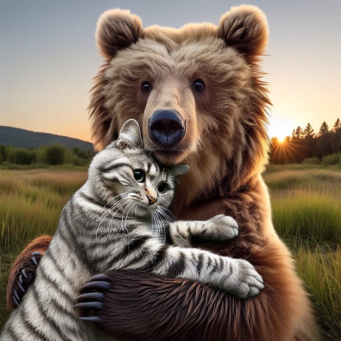 Cat and Bear Cuddle: Heartwarming Moment