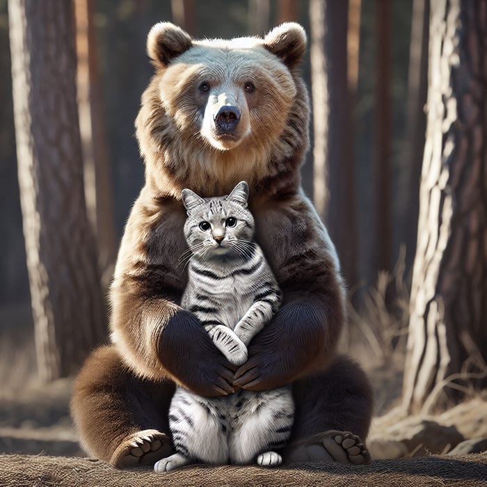 Cat Hugging Bear in Woods | Unlikely Friendship