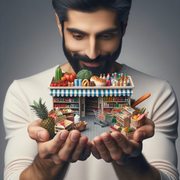 Middle-Eastern Man Holding Miniature Shop