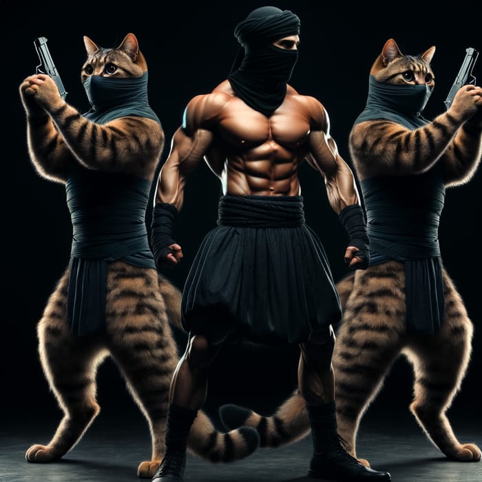 Defensive Middle-Eastern Man with Ninja Cats and Firearms