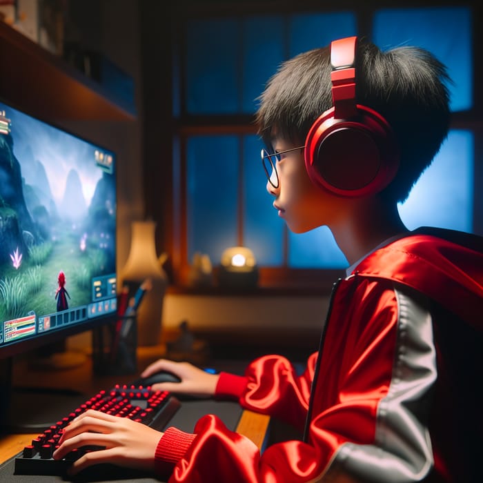 Asian Boy Playing Free Fire with Red Headphone in Red Jacket