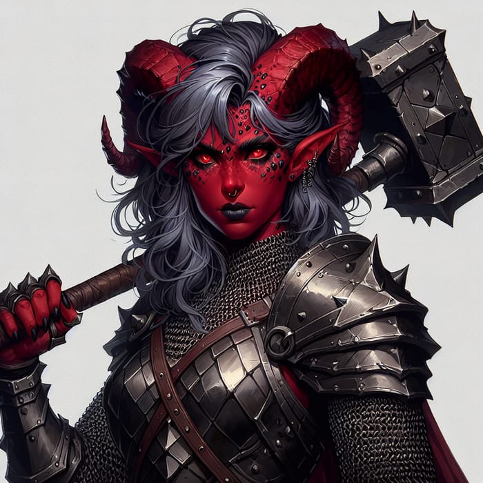 Fierce Female Tiefling Warrior with Hammer and Chain Mail
