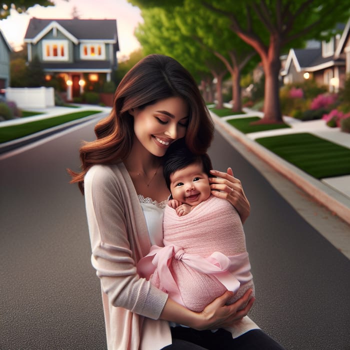 Beautiful Baby & South Asian Mother on Asphalt Sidewalk
