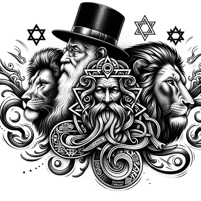 Mystic Israel Kabbalah Tattoo with Lion of Judah & Rabbi