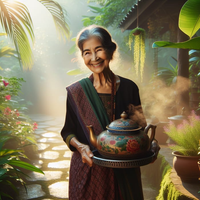 Elderly Woman Serving Tea in Enchanting Garden Setting