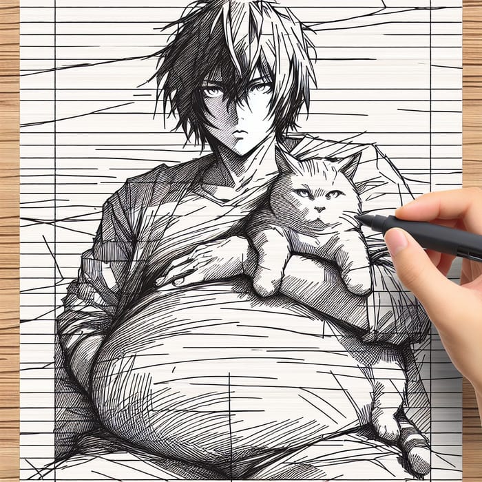 Minimalist Realist Sketch of Man with Shoulder-Length Hair and Cat