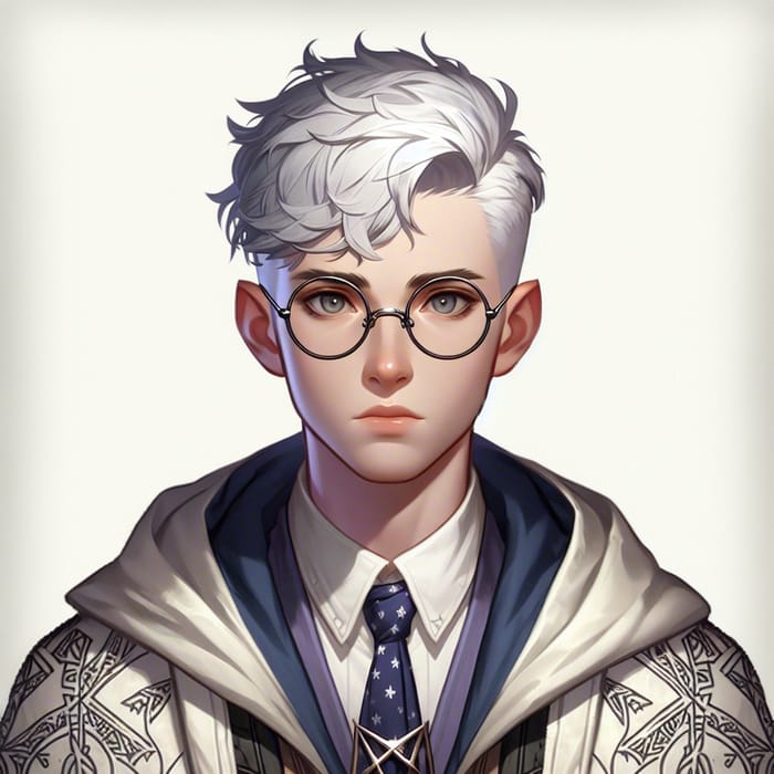 Young Male ENTP Wizard with White Hair and Glasses