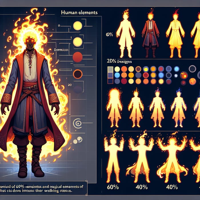 Medieval Style 2D Character Design with Fiery Head and Magical Energy