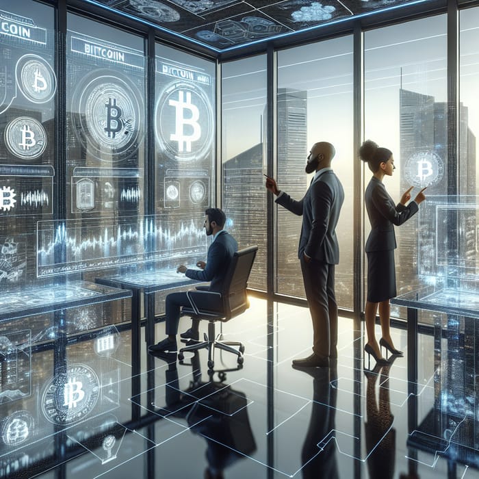 High-Detail Bitcoin Trading in Futuristic Glass Office