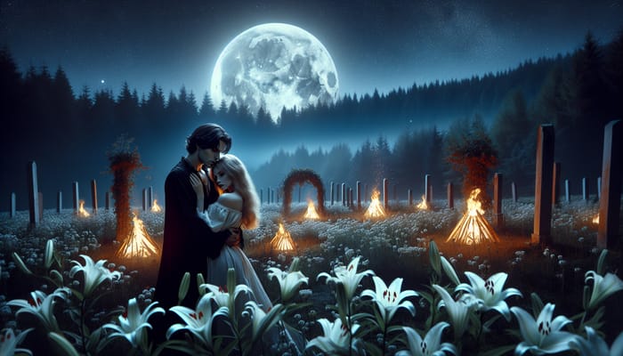 Enchanting Night Scene: Male Vampire Embraces Blonde Girl in Lilies Field