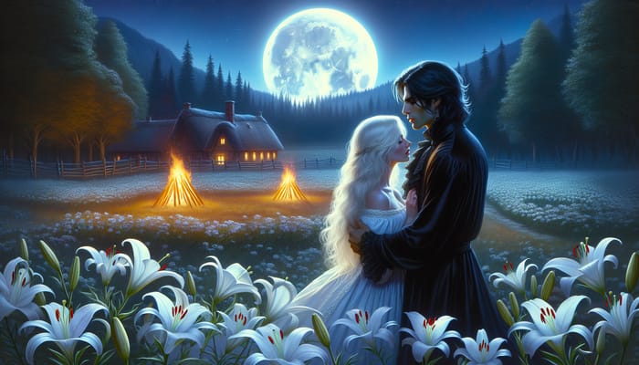 Enchanting Scene of Full Moon, Lilies and Vampire Embrace